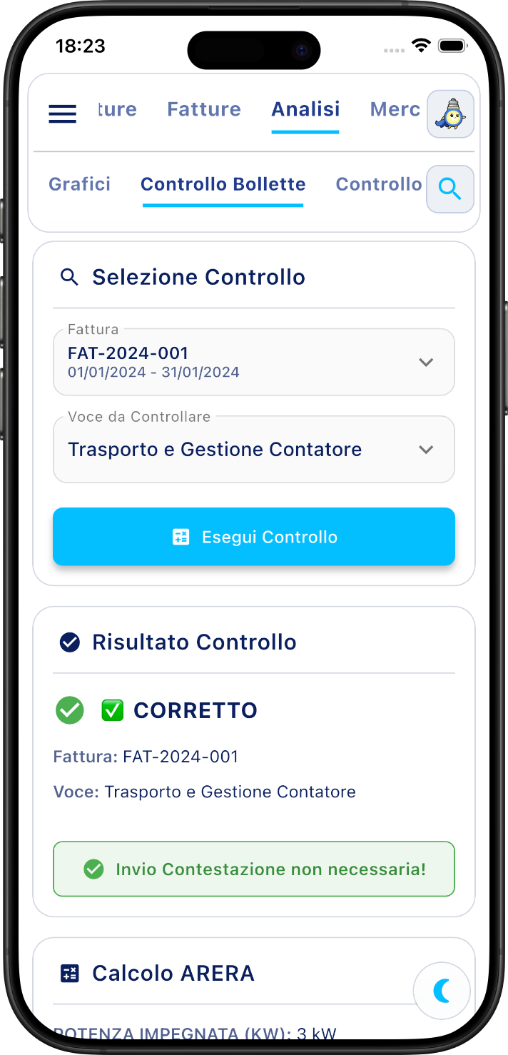 EnerHero app: controllo bolletta con esito del calcolo ARERA