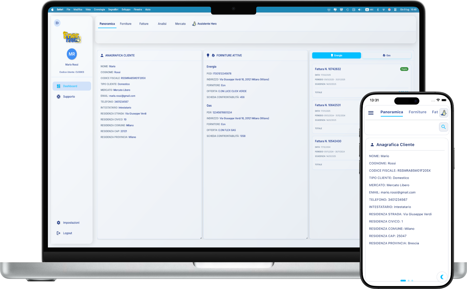 EnerHero su desktop e su telefono: panoramica cliente, forniture luce e gas e fatture